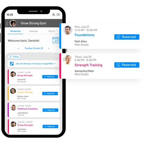 Zen Planner screenshot: Branded member app class schedule