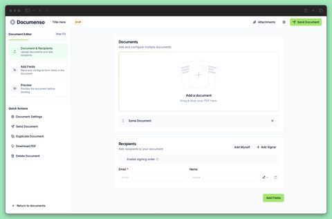 Documenso screenshot: Document editor with recipients panel