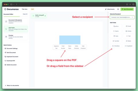 Documenso screenshot: Placing signature fields on a document
