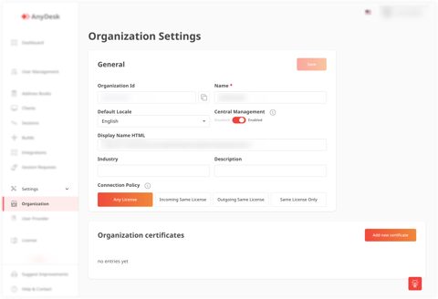 AnyDesk screenshot: Organization settings in the admin portal