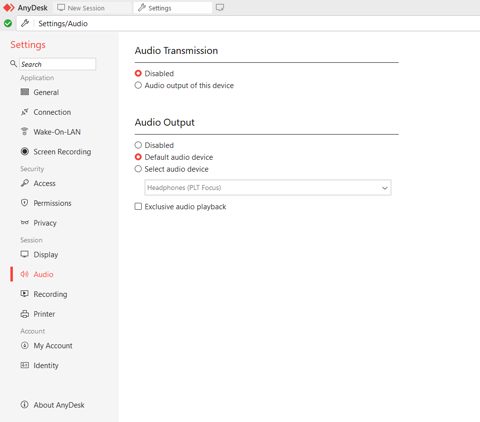 AnyDesk screenshot: Settings panel, audio section