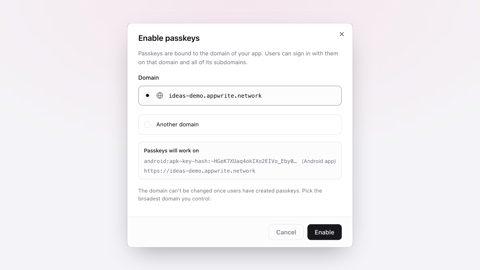 Appwrite screenshot: Enable passkeys dialog in Auth