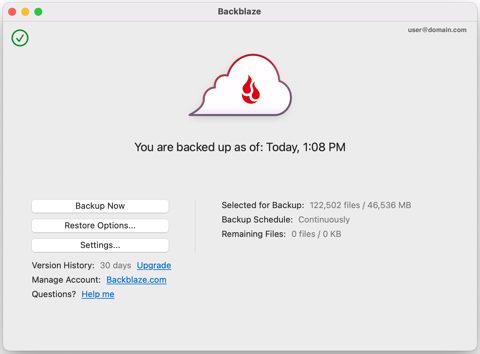 Backblaze Business Backup screenshot: Backup client on macOS