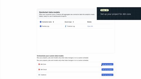 Fivetran screenshot: Quickstart data models setup