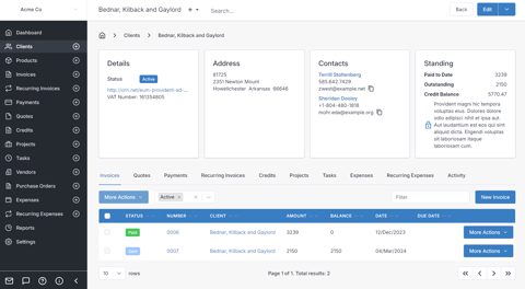 Invoice Ninja screenshot: Client overview page