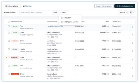 Chargebee screenshot: Subscriptions list with MRR column