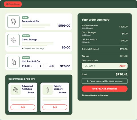Chargebee screenshot: Hosted checkout with order summary