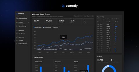 Cometly screenshot: Attribution dashboard with sales and top performers