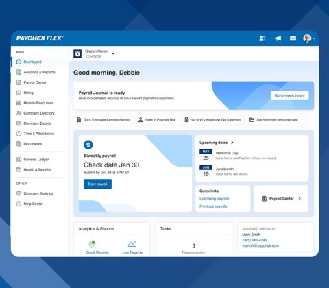 Paychex Flex screenshot: Paychex Flex dashboard with payroll and tasks