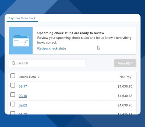 Paychex Flex screenshot: Pre-check review of upcoming check stubs