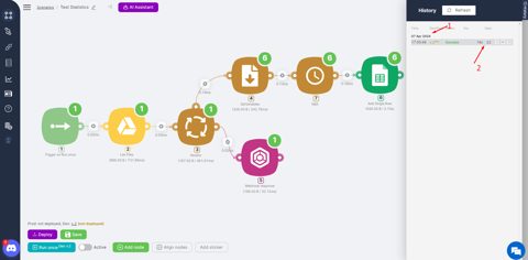 Latenode screenshot: Scenario canvas with run history