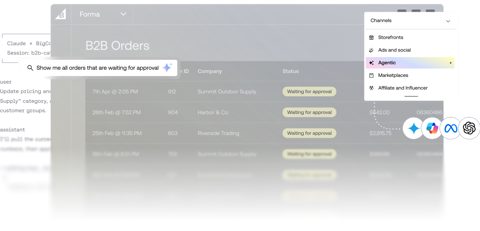 BigCommerce screenshot: B2B orders awaiting approval with channels menu