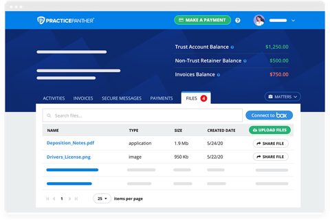 PracticePanther screenshot: Client portal files and payments