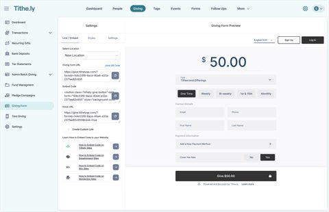 Tithely Church Management screenshot: Giving form settings and preview
