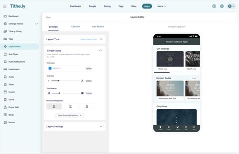Tithely Church Management screenshot: Church app layout editor