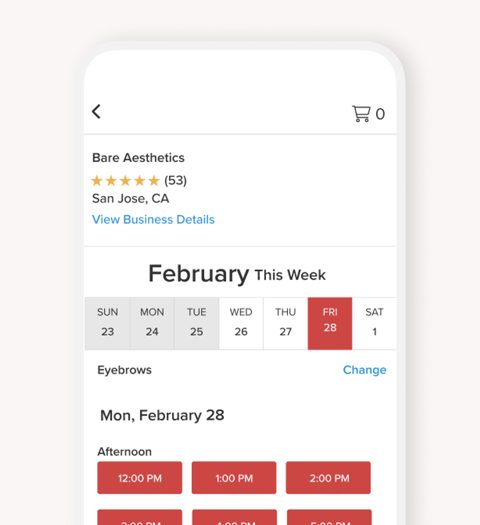 Vagaro screenshot: Mobile online booking page with open time slots