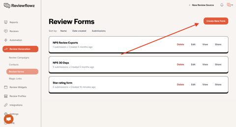 Reviewflowz screenshot: Review Forms list with sidebar navigation