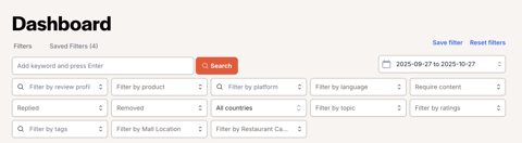 Reviewflowz screenshot: Dashboard filters for reviews