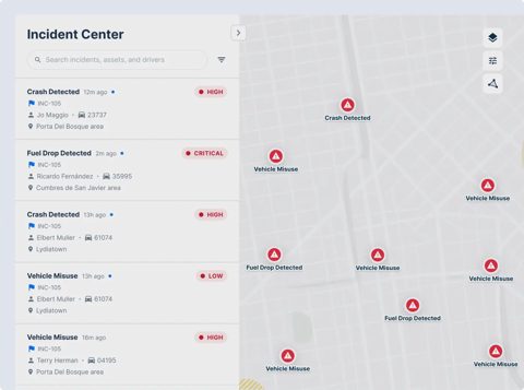 Samsara screenshot: Incident Center map and alert list