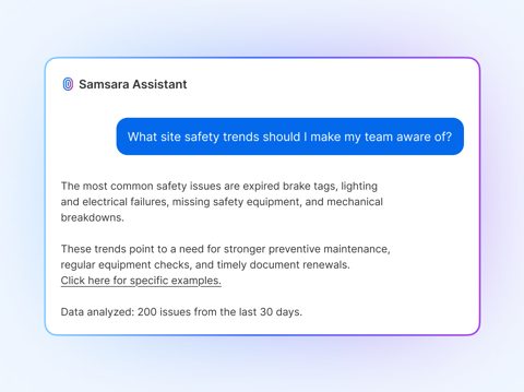 Samsara screenshot: Samsara Assistant chat answer