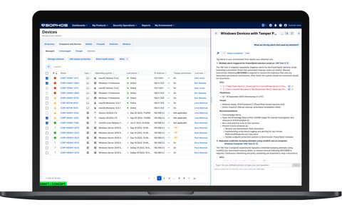 Sophos Endpoint screenshot: Sophos Central devices list with detail panel