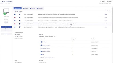 Sophos Endpoint screenshot: Device summary with recent events