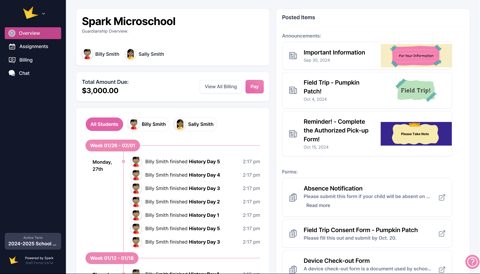 Spark screenshot: Microschool overview with posted items
