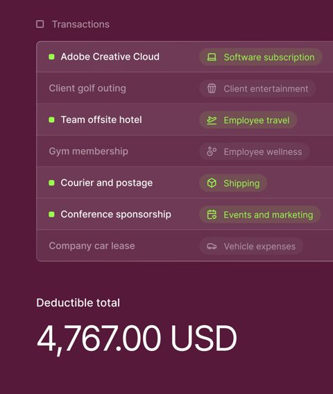 Sphere screenshot: Transactions list with tax categories