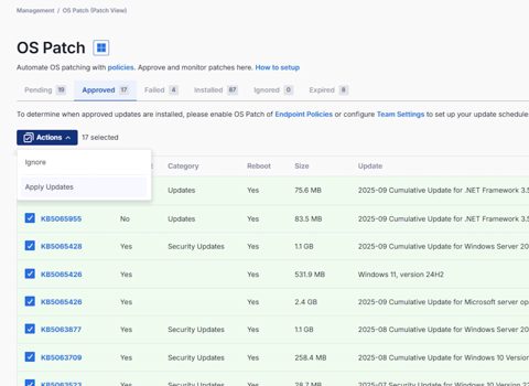 Splashtop screenshot: OS patch approval view