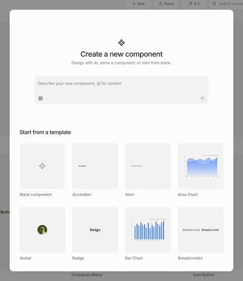 Subframe screenshot: Create component dialog with templates