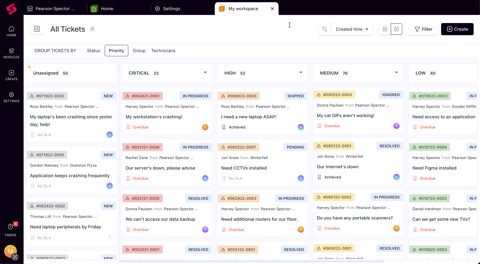 SuperOps screenshot: Ticket board grouped by priority
