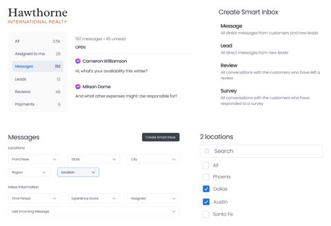 Birdeye screenshot: Smart inbox setup and location filters