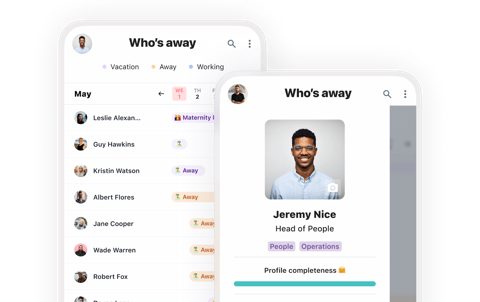 Humaans screenshot: Mobile app: who's away and profile