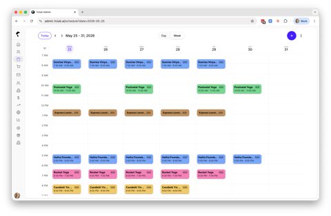 1club screenshot: Weekly class calendar