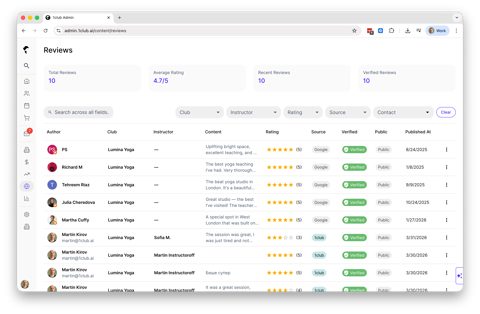 1club screenshot: Reviews list