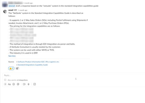 eesel AI screenshot: eesel AI reply drafted in Slack thread