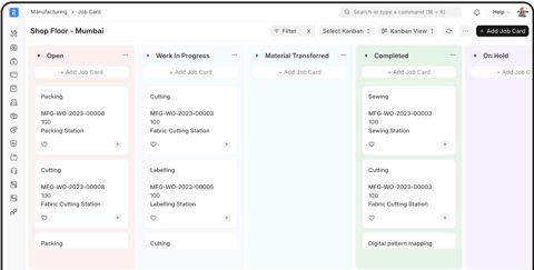 ERPNext screenshot: Shop floor job cards on a kanban board