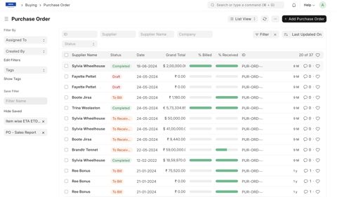 ERPNext screenshot: Purchase order list view