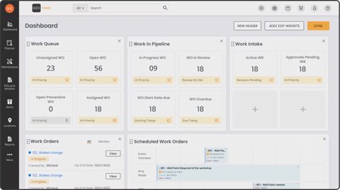 EZO EAM (EZOfficeInventory) screenshot: Maintenance dashboard with work order widgets