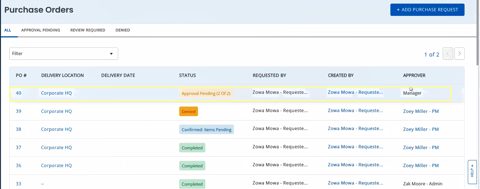 EZO EAM (EZOfficeInventory) screenshot: Purchase orders list with approval status