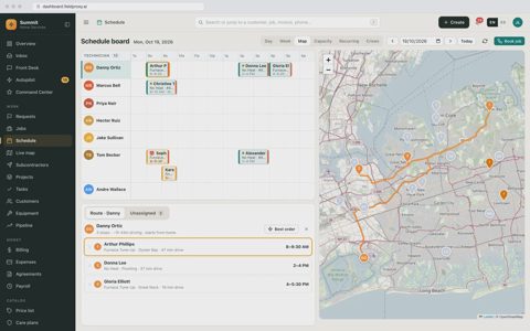 Fieldproxy screenshot: Schedule board with route map