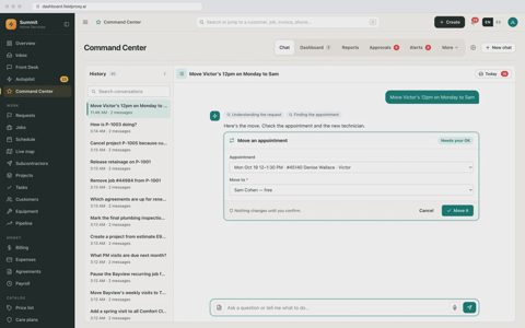Fieldproxy screenshot: Command Center chat assistant