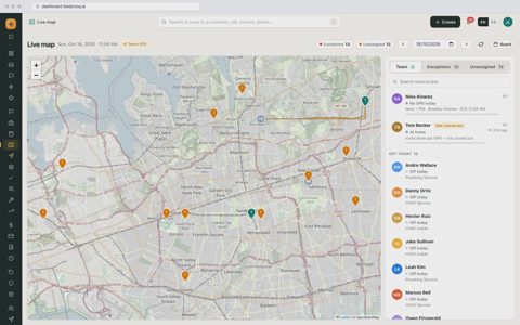 Fieldproxy screenshot: Live map of technicians and jobs