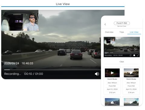 Force Fleet screenshot: Dashcam live view with clip list