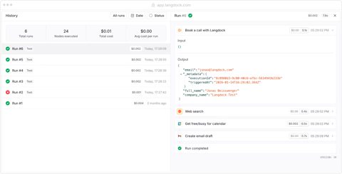 Langdock screenshot: Workflow run history