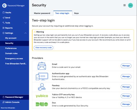 Bitwarden screenshot: Two-step login settings