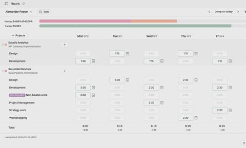 Operating screenshot: Weekly timesheet entry