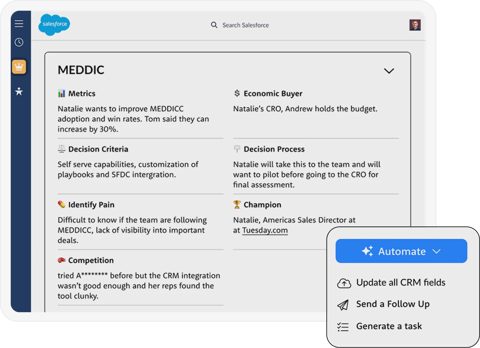 WINN.AI screenshot: Call notes in Salesforce with MEDDIC fields