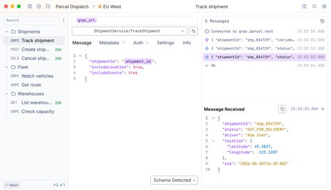 Yaak screenshot: gRPC request with streamed messages