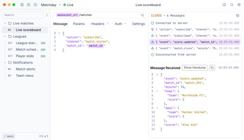 Yaak screenshot: WebSocket connection and message log